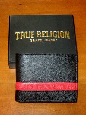 True Religion Slake Wallet Black Red Genuine Textured Leather Exterior Wallet
